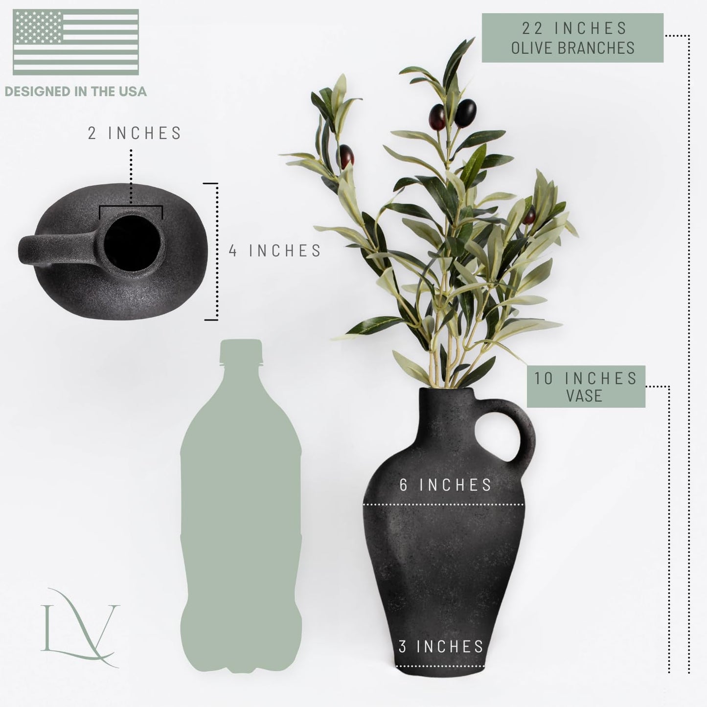Black/White Textured Vase Set, w 22 Inch Olive Branches