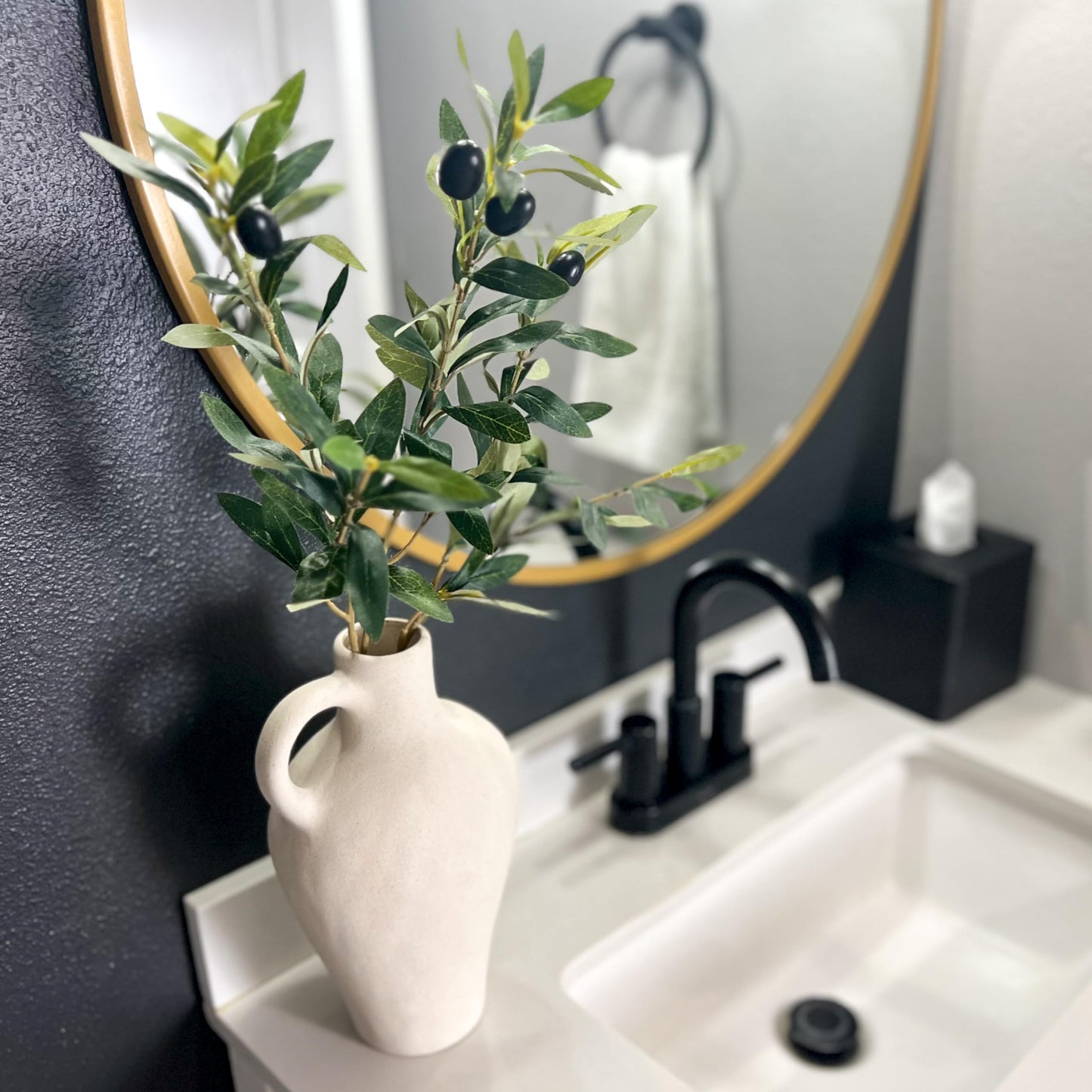 Black/White Textured Vase Set, w 22 Inch Olive Branches