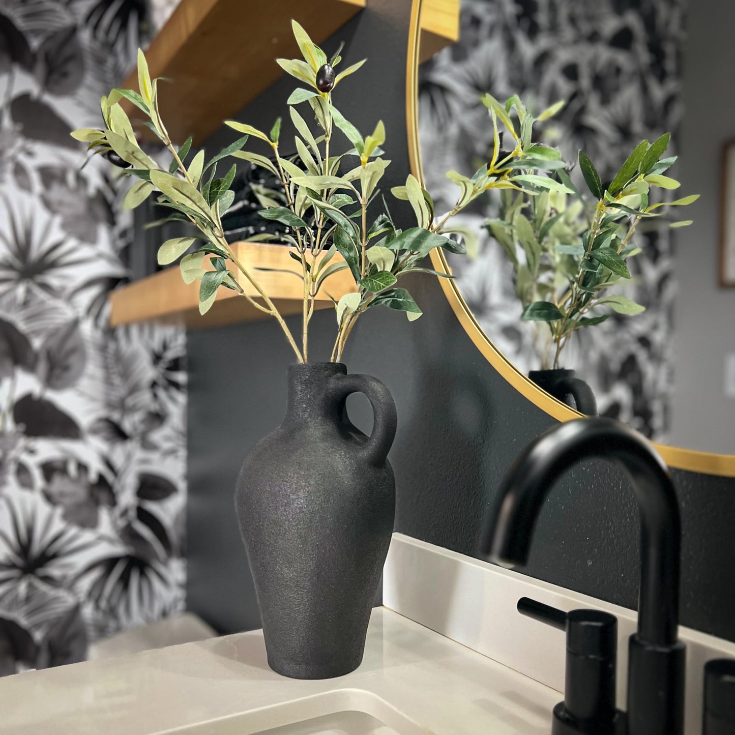 Black/White Textured Vase Set, w 22 Inch Olive Branches