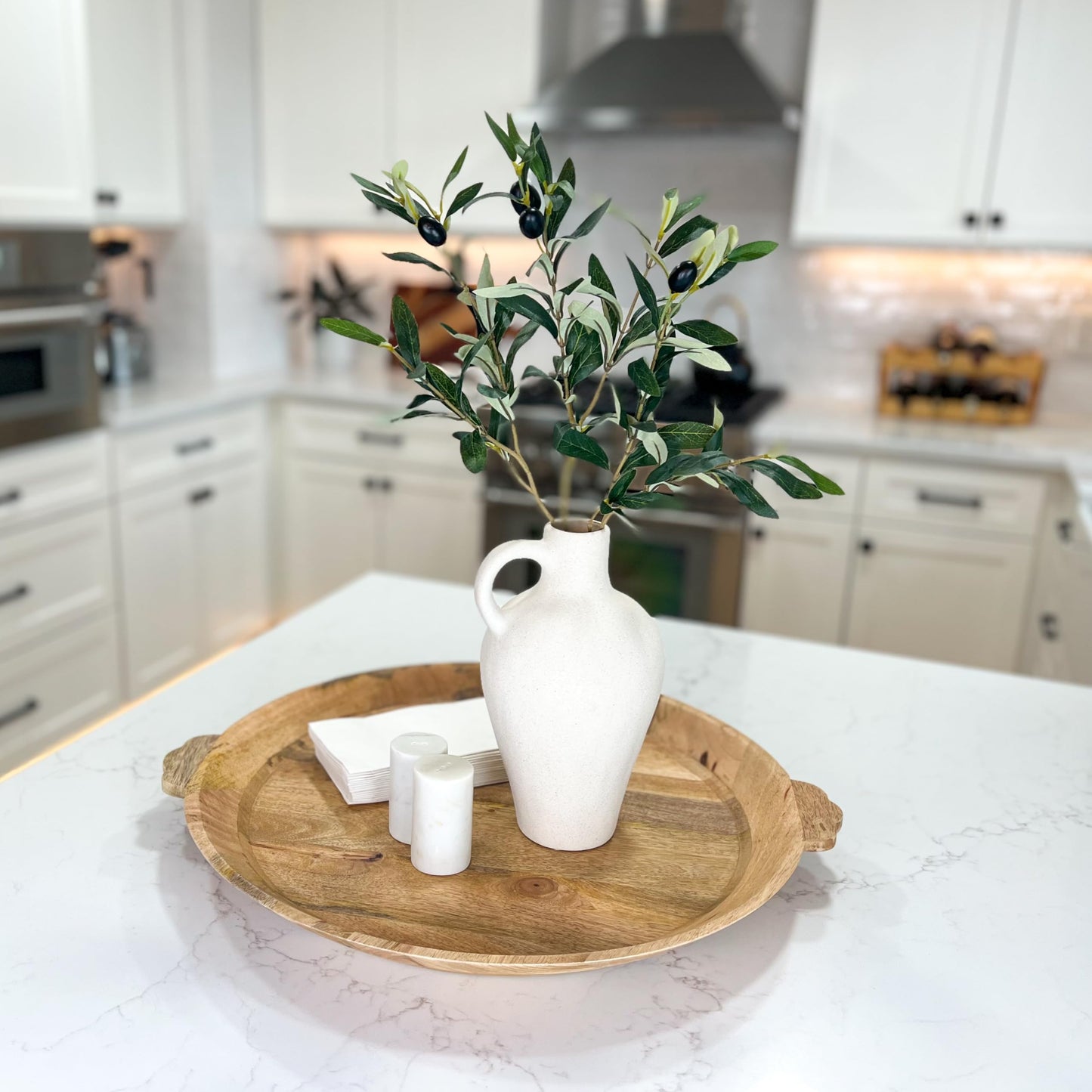 Black/White Textured Vase Set, w 22 Inch Olive Branches