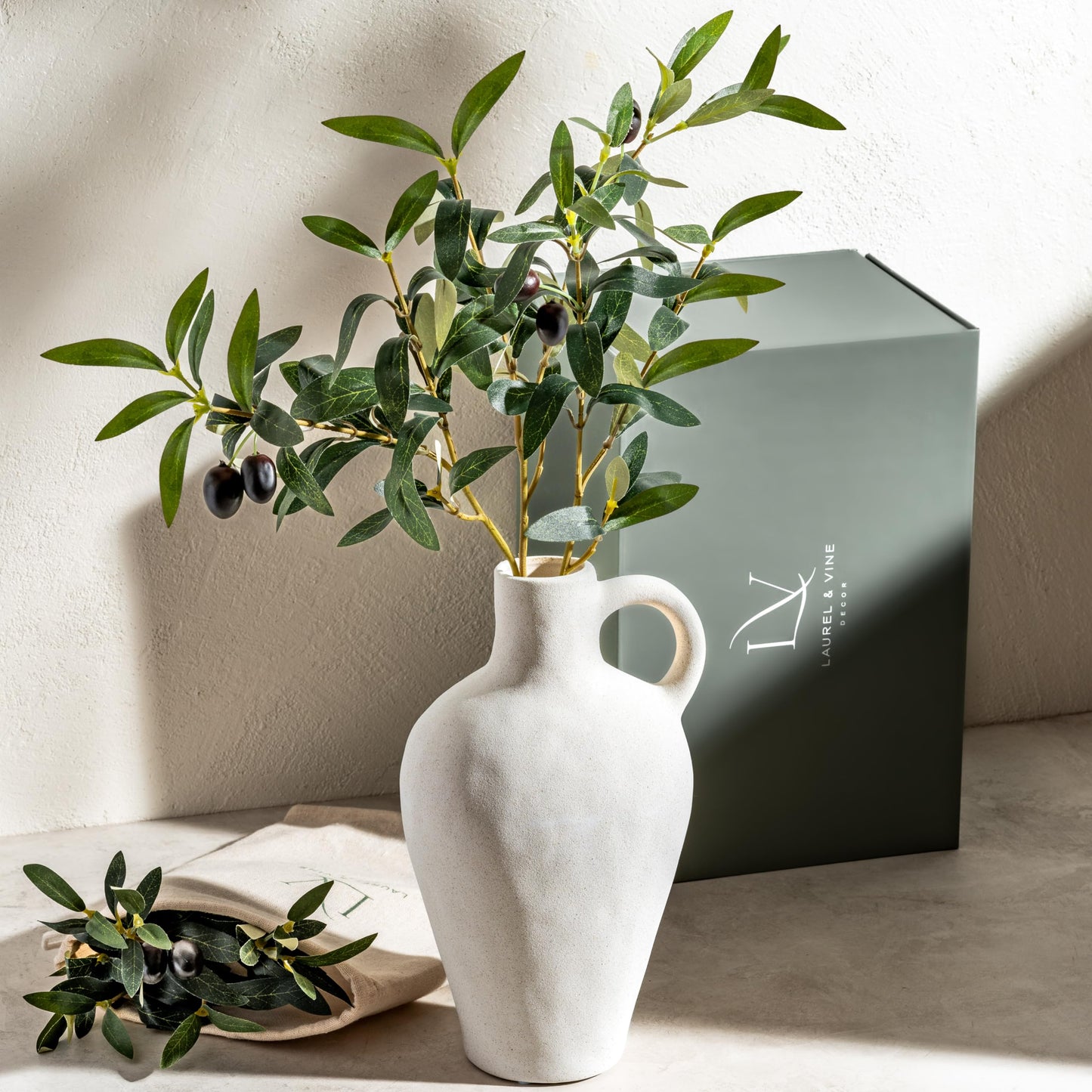 Black/White Textured Vase Set, w 22 Inch Olive Branches