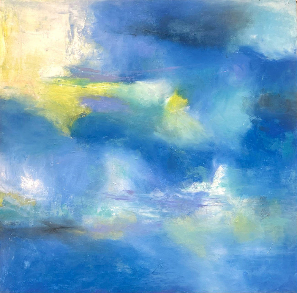 A square 24x24 original abstract painting titled Peace Within by Kari Bell, featuring ethereal cloud-like layers of cerulean blue, luminous yellow, and lavender oil and cold wax on cradled panel. The Work is presented in a handcrafted waxed pine frame at Mitsooz.
