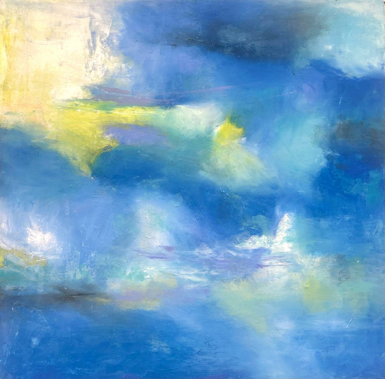 A square 24x24 original abstract painting titled Peace Within by Kari Bell, featuring ethereal cloud-like layers of cerulean blue, luminous yellow, and lavender oil and cold wax on cradled panel. The Work is presented in a handcrafted waxed pine frame at Mitsooz.