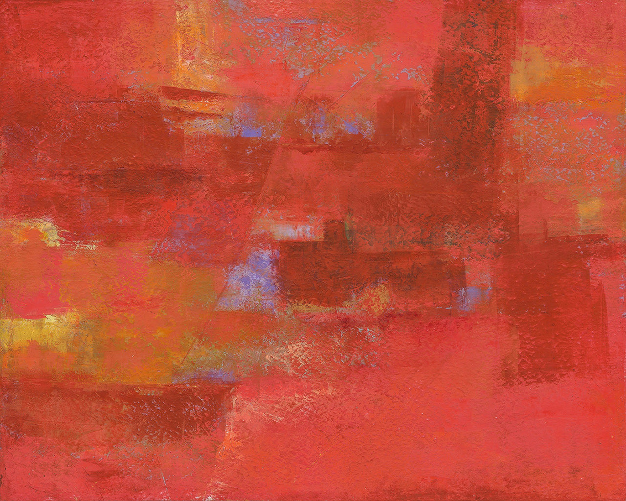 A horizontal 20x16 original abstract painting titled Pueblo 6 by Kari Bell, featuring intense fields of vermillion red and terracotta orange with cooling lavender accents. The oil and cold wax Work on cradled panel displays deep excavated textures and is presented in a handcrafted waxed pine frame on Mitsooz.