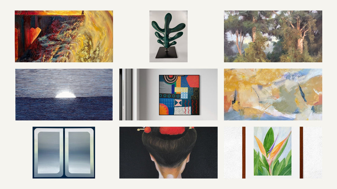 Collage of original art by the Mitsooz Founding Collective, including contemporary paintings, sculpture, fiber art, and botanical watercolor.