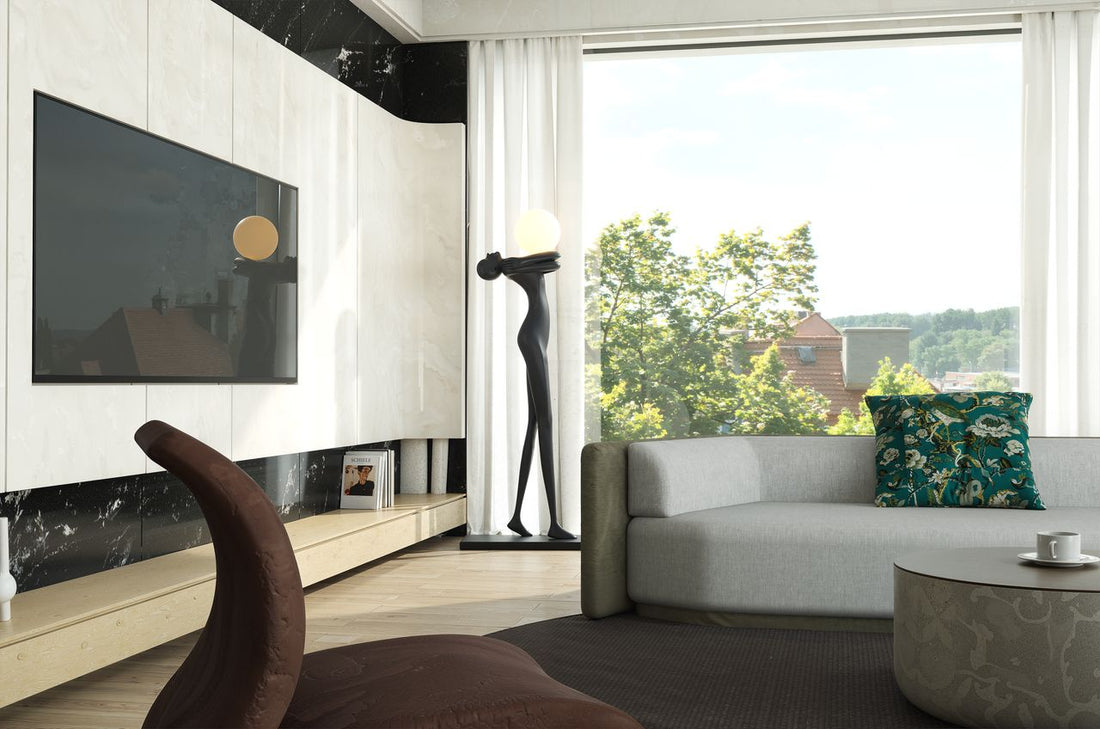 A wide horizontal landscape of a modern living room with a large window and textured wall art; image found on Mitsooz to illustrate the geometry of encounter and art placement.