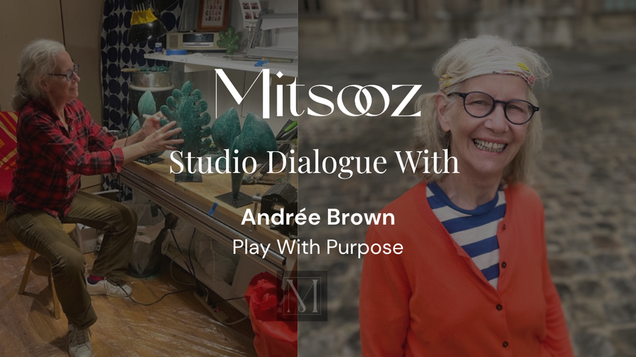 Portrait of Mitsooz Founding Artist Andreé Brown in her New York studio alongside her contemporary organic sculptures.