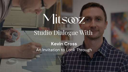 A split-screen view featuring Mitsooz Founding Artist Kevin Cross and a close-up of his disciplined atmospheric abstraction process in his New York studio.