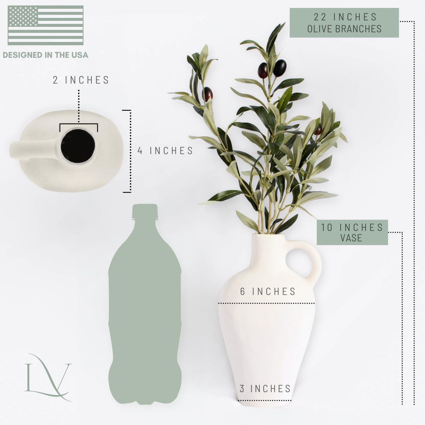 Black/White Textured Vase Set, w 22 Inch Olive Branches