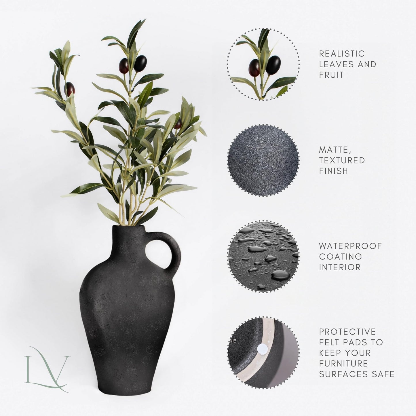 Black/White Textured Vase Set, w 22 Inch Olive Branches