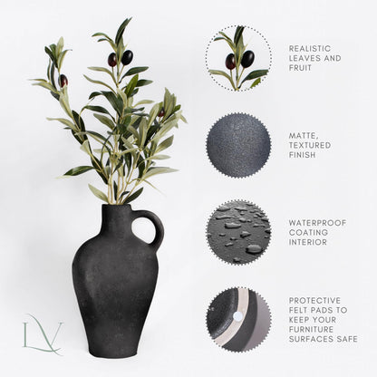 Black/White Textured Vase Set, w 22 Inch Olive Branches