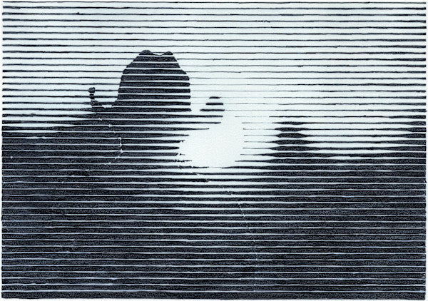 A horizontal original striated ink drawing titled Better Tomorrows and More Todays by Charles Buckley featuring a glowing horizon and dark land silhouettes on Mitsooz.
