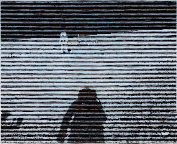A horizontal original striated ink drawing titled Hold Still by Charles Buckley featuring a stark lunar landscape and an astronaut shadow on Mitsooz.