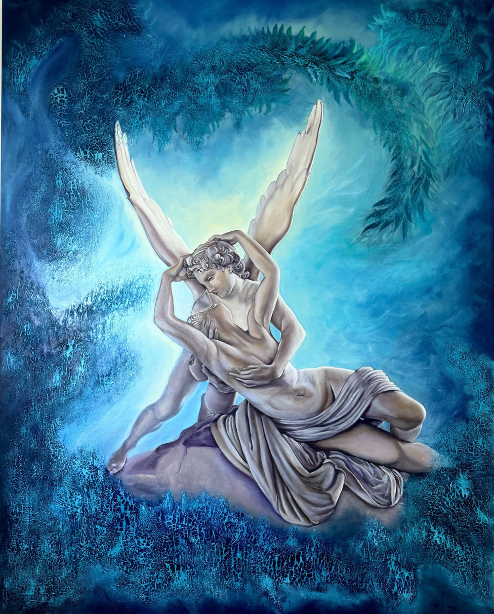 Vertical 48x60 original painting titled Cupid’s Kiss by Aida Auyelbekova featuring a blue toned interpretation of Cupid and Psyche on Mitsooz.
