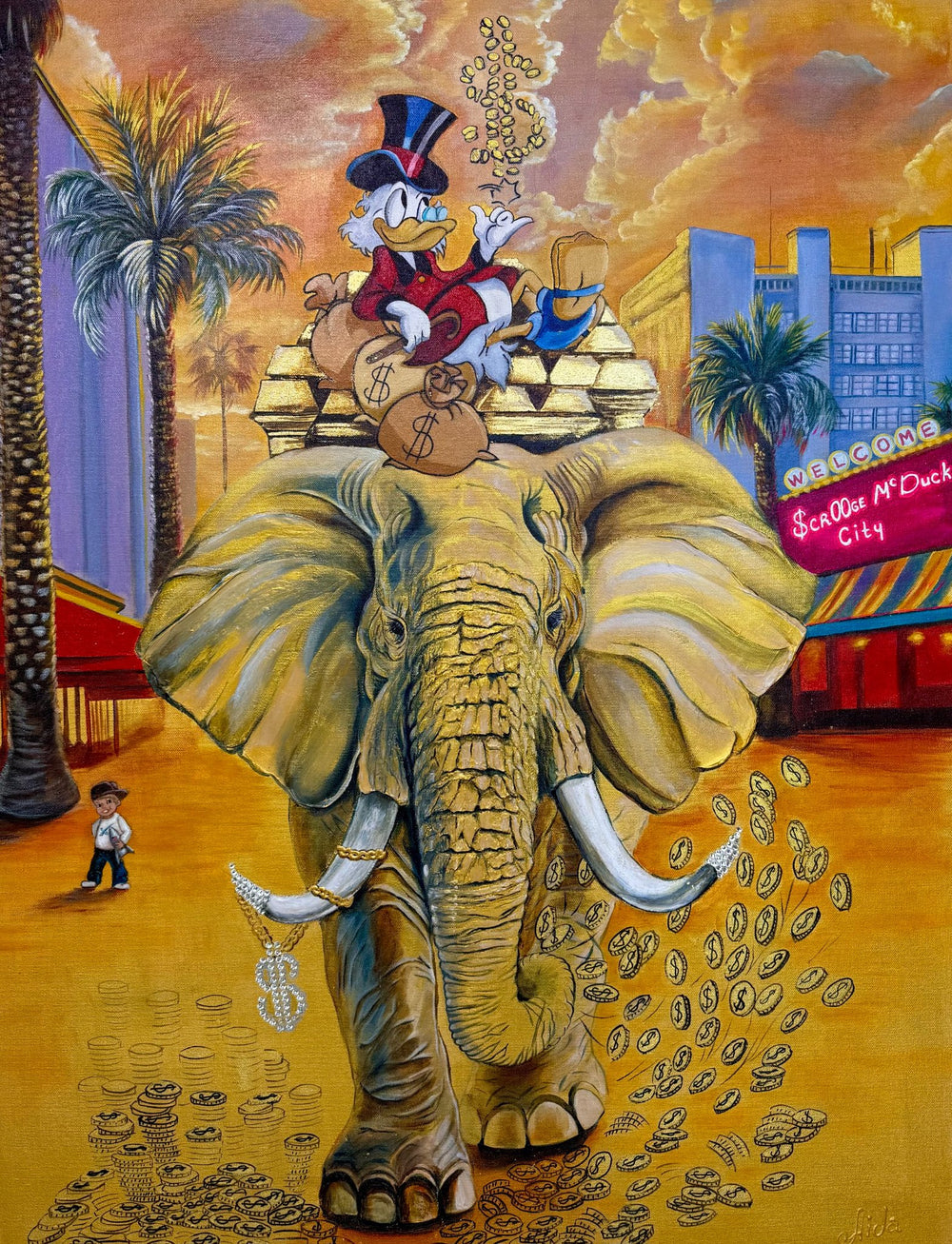 Vertical 40x30 original mixed media painting titled Fortunephant by Aida Auyelbekova featuring Scrooge McDuck on an elephant with gold leaf and Swarovski stones on Mitsooz.