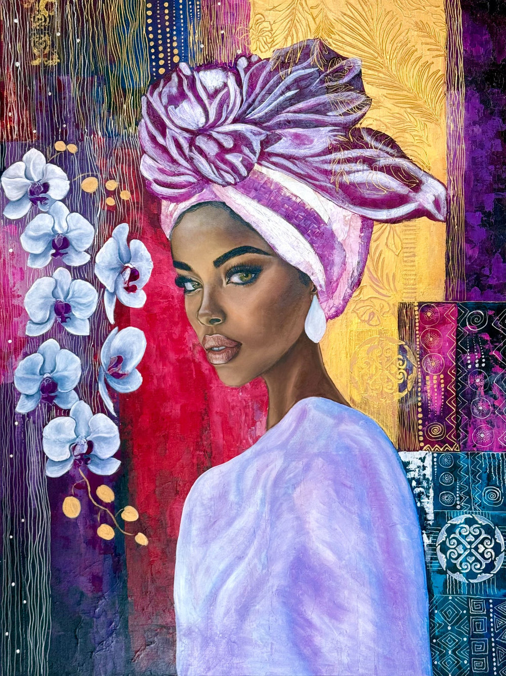 Vertical original portrait painting titled Golden Silence of Orchids by Aida Auyelbekova featuring a woman in a pink headwrap with gold leaf and orchids on Mitsooz.