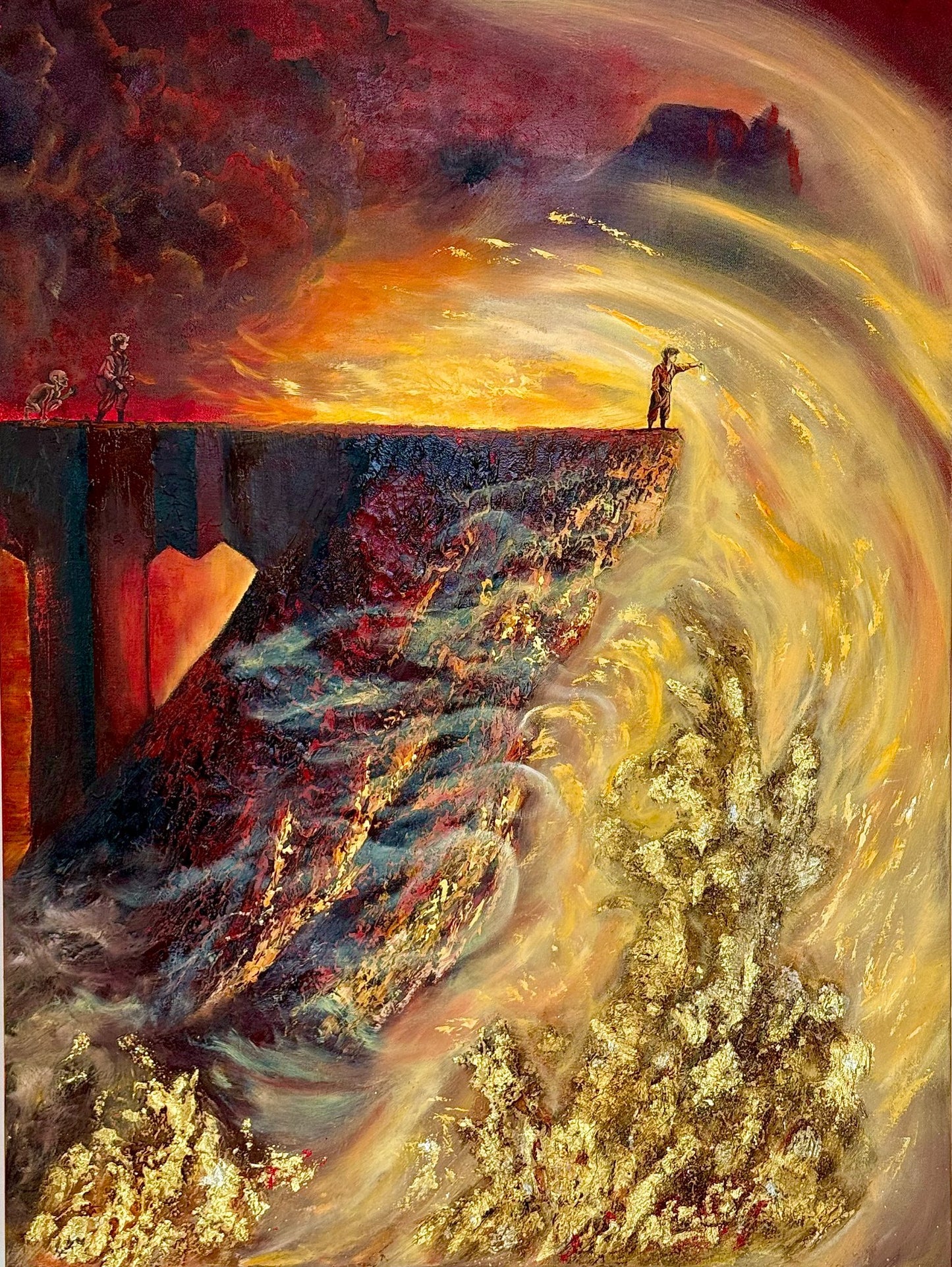 Vertical 40x30 original hyperrealistic painting titled The Lord of the Rings Inspired by Aida Auyelbekova featuring volcanic fire and gold leaf textures on Mitsooz.