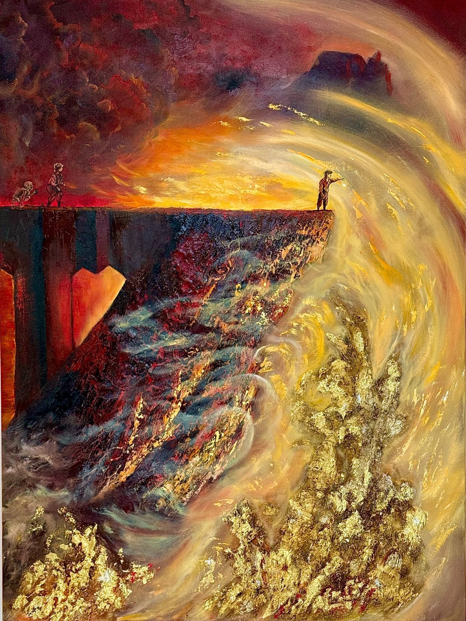 Vertical 40x30 original hyperrealistic painting titled The Lord of the Rings Inspired by Aida Auyelbekova featuring volcanic fire and gold leaf textures on Mitsooz.