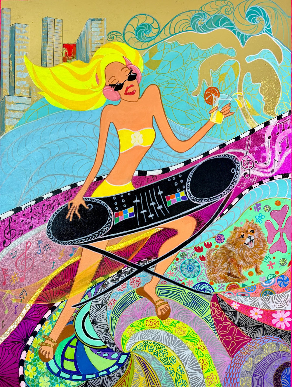 Vertical 36x48 original mixed media and gold leaf painting titled Miami Vibes by Aida Auyelbekova featuring a blonde figure at a DJ setup with tropical patterns on Mitsooz.