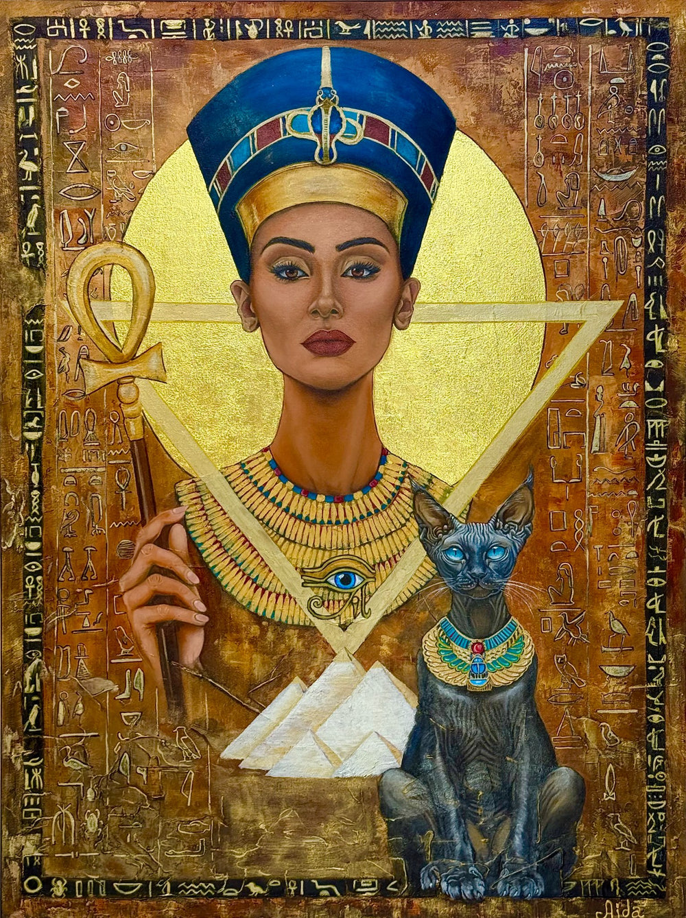 Vertical original museum grade painting titled Nefertiti - Ancient Egyptian Queen by Aida Auyelbekova featuring the queen with an ankh, a sacred cat, and genuine gold leaf on Mitsooz.