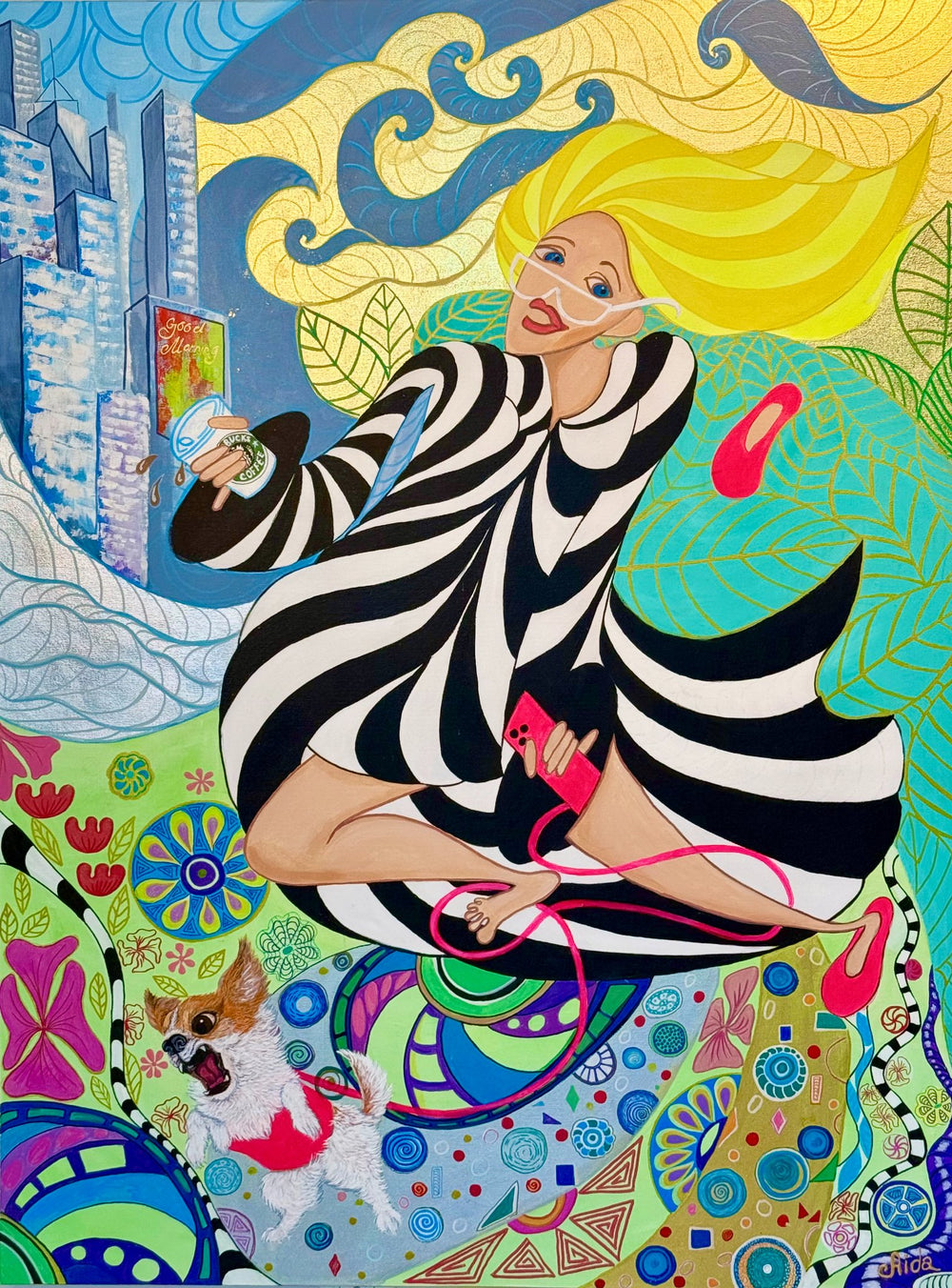 Vertical 36x48 original oil and gold leaf painting titled New York Vibes by Aida Auyelbekova featuring a glamorous figure in a striped dress on Mitsooz.