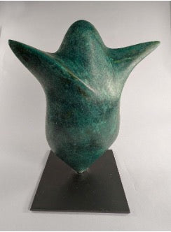 American Sycamore Leaf (Custom) by Andree Brown: A wide-lobed, mottled green porcelain sculpture with a winged silhouette, mounted on a black metal pedestal. Edition 1 of 6.