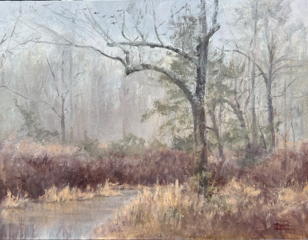 A misty morning landscape oil painting by Carol Roark titled Ducks in the Distance featuring a frosty creek and silhouetted trees in the Southern Delta on Mitsooz.