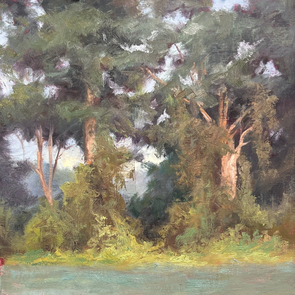 A square 16x16 oil painting by Carol Roark titled Kudzu Covered featuring lush, mounding green vines and trees in a Southern landscape on Mitsooz.
