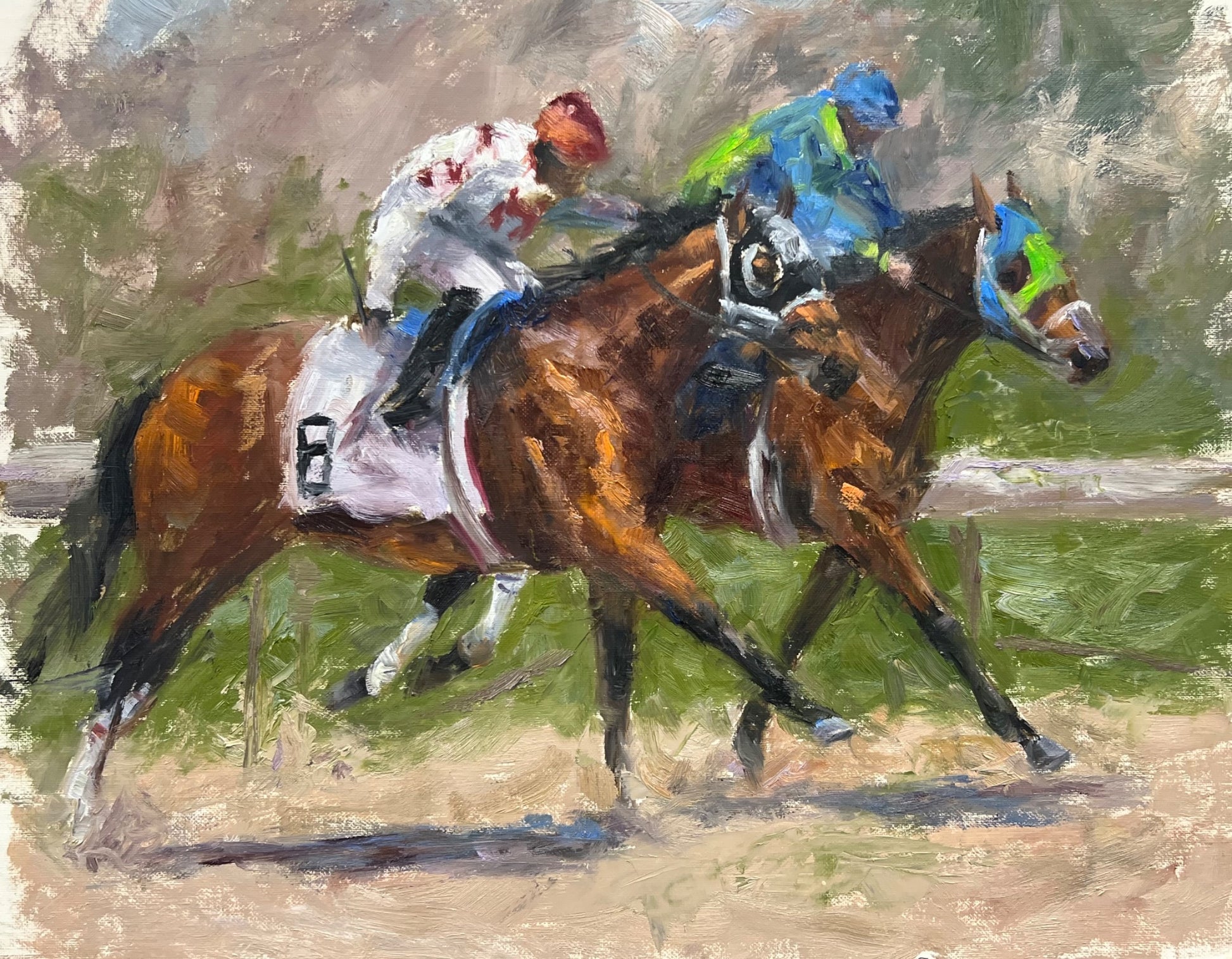 Impressionist oil painting by Carol Roark titled "The Stretch" featuring two thoroughbred horses and jockeys racing in a blur of motion and sunlight, 16x20 equine fine art.