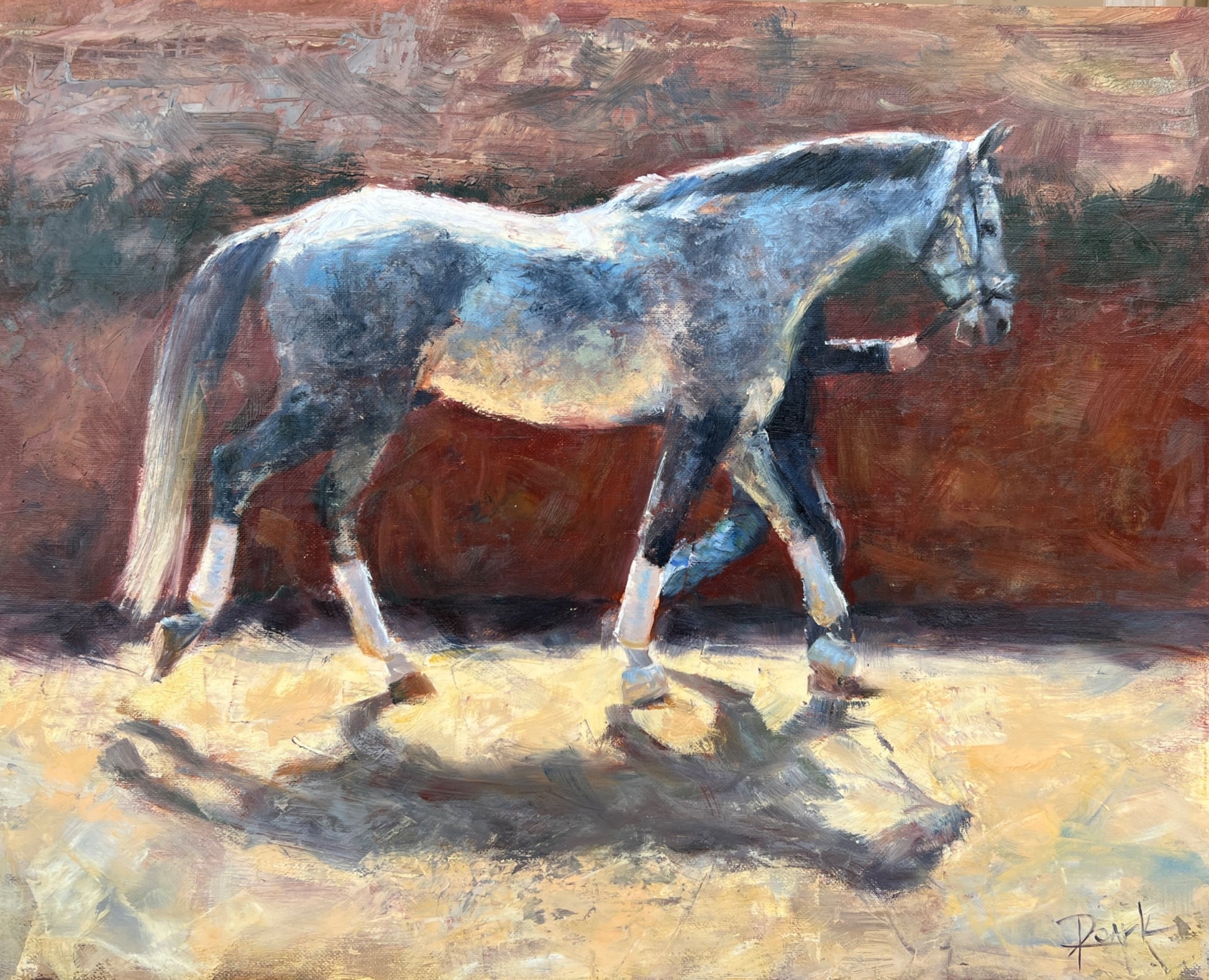 A horizontal oil painting by Carol Roark titled To The Paddock featuring a dappled grey horse being led by a handler with dramatic sunlight and long shadows on Mitsooz.