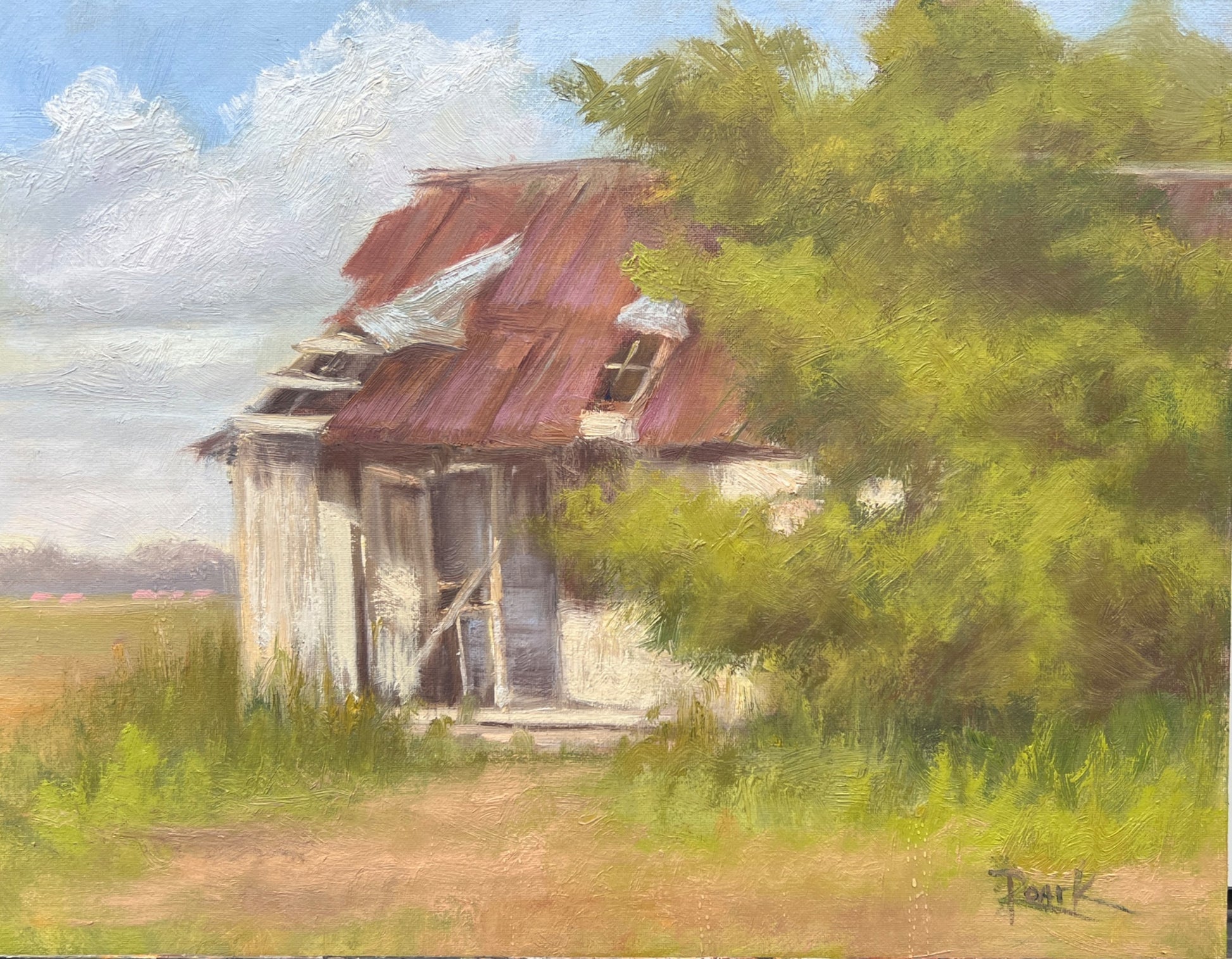 A horizontal oil painting by Carol Roark titled Unhinged featuring a rustic abandoned farmhouse with a rusted tin roof surrounded by lush green foliage on Mitsooz.