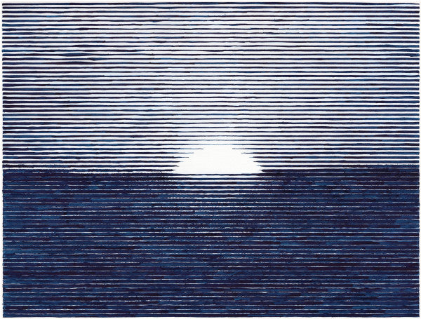 A horizontal original striated ink drawing titled Again by Charles Buckley featuring a deep blue sea and a bright sun on the horizon at Mitsooz.