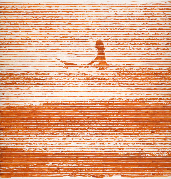 A square original striated ink drawing in burnt orange titled Carbon by Charles Buckley featuring a surfer waiting for a wave on Mitsooz.