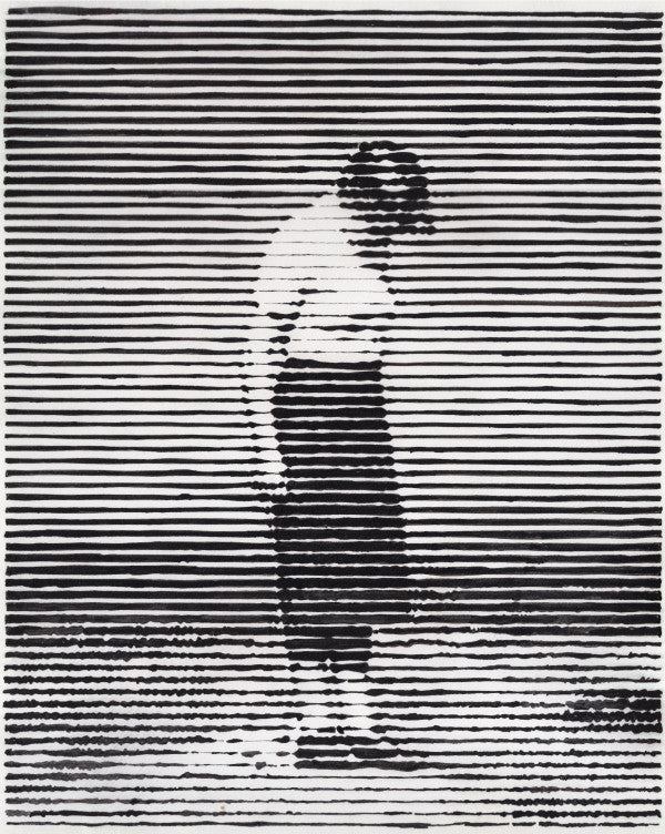 A vertical original striated ink drawing titled Found Alone by Charles Buckley featuring a solitary black silhouette created with horizontal lines on Mitsooz.