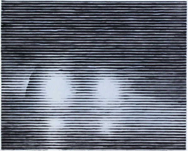 A horizontal original striated ink drawing titled Headlights by Charles Buckley featuring two glowing white circles against a dark textured background on Mitsooz.