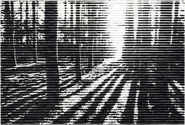 A horizontal original striated ink drawing titled Into the Trees by Charles Buckley featuring a sunlit forest path created with hand drawn horizontal lines on Mitsooz.