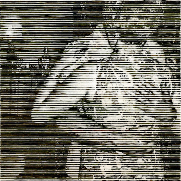 A square original striated ink drawing titled Is This A Dance by Charles Buckley featuring high-contrast figures hand-drawn with horizontal lines on Mitsooz.
