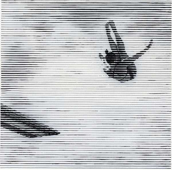 A square original striated ink drawing titled Lots of Impossibilities by Charles Buckley featuring a diver suspended in mid-air against a horizontal lined background on Mitsooz.