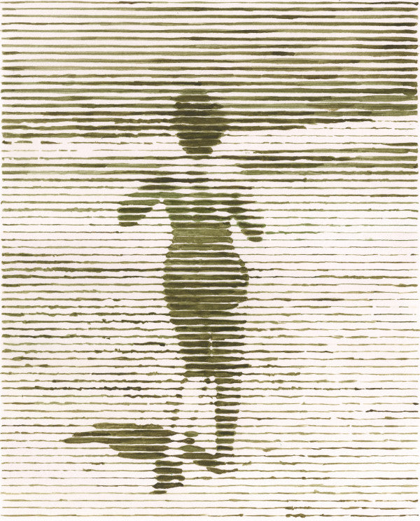 A vertical original striated ink drawing titled (Un)Certain Feelings by Charles Buckley featuring a sepia-toned silhouette of a figure on Mitsooz.