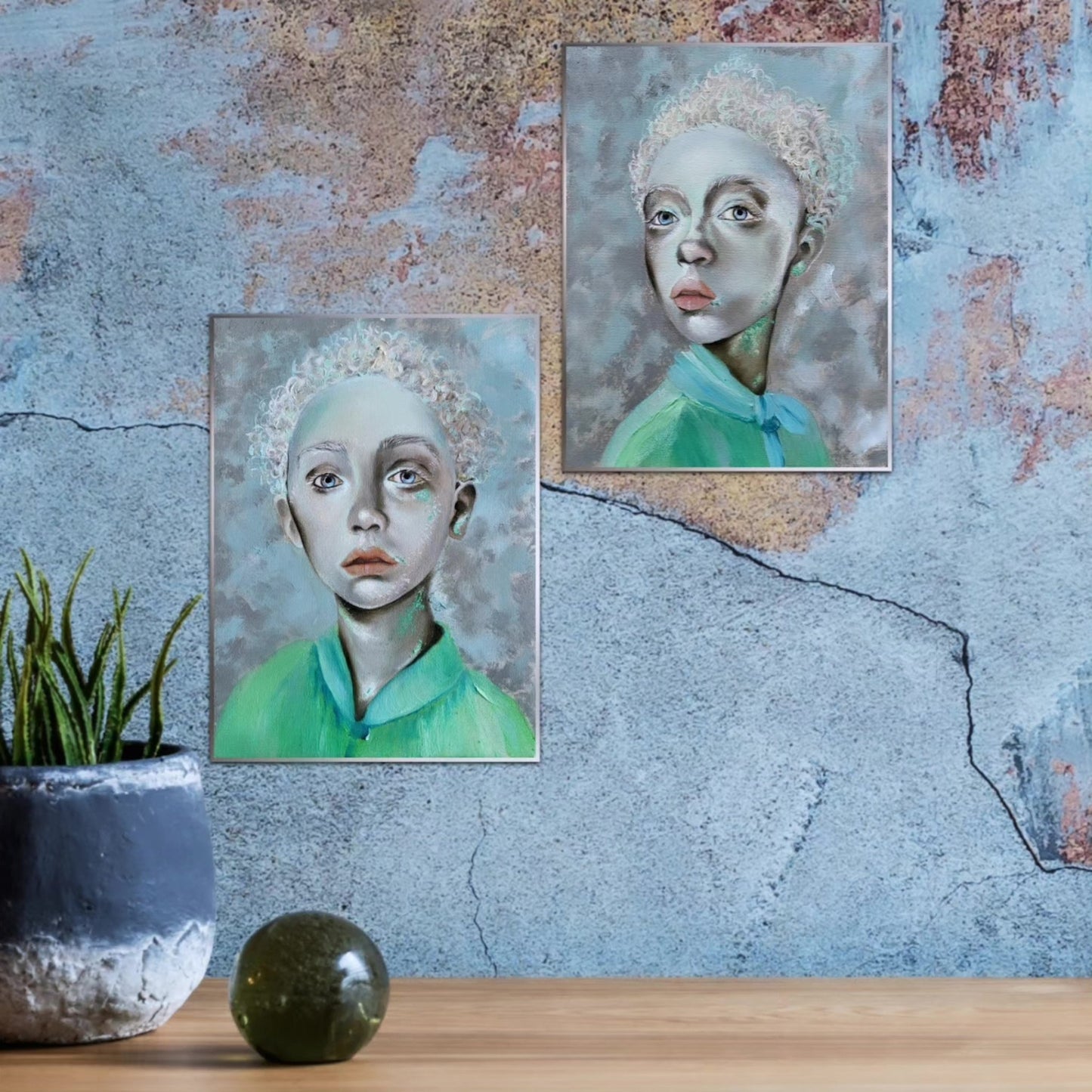 A vertical original oil diptych titled Verdant Frequencies by Nersel Muehlen featuring two surreal portraits with seafoam green tones and translucent skin on Mitsooz.