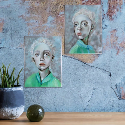 A vertical original oil diptych titled Verdant Frequencies by Nersel Muehlen featuring two surreal portraits with seafoam green tones and translucent skin on Mitsooz.