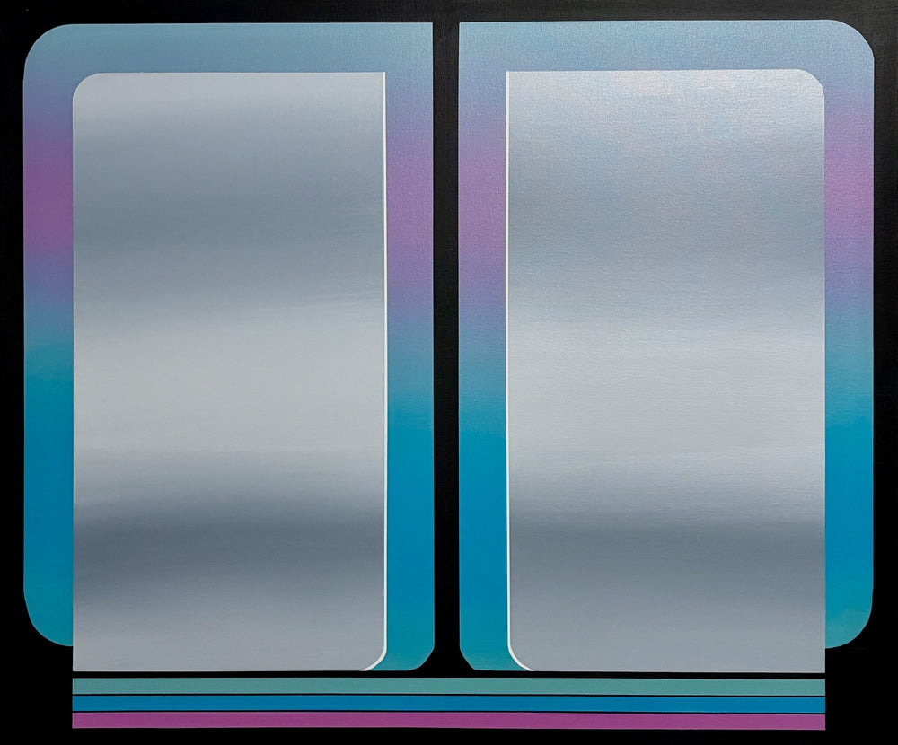 Vertical 30x36 original abstract painting titled The View 5 by Kevin Cross featuring a vibrant cyan and violet atmospheric gradient peering through a window portal with neon base stripes on Mitsooz.