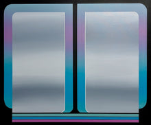 Vertical 30x36 original abstract painting titled The View 5 by Kevin Cross featuring a vibrant cyan and violet atmospheric gradient peering through a window portal with neon base stripes on Mitsooz.