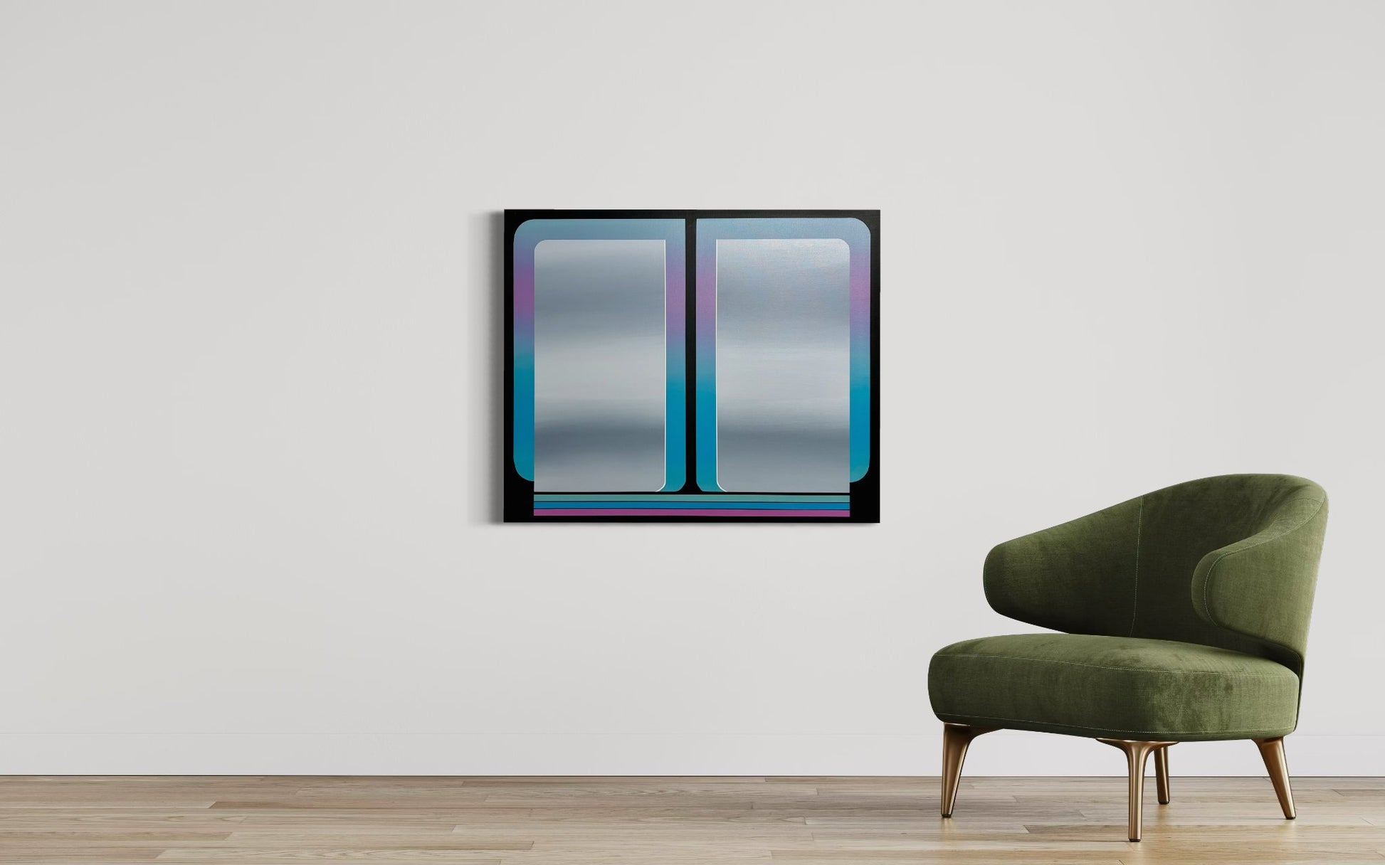 A vertical 30x36 original atmospheric abstract painting titled The View 5 by Kevin Cross, featuring a vibrant cyan and violet gradient with electric neon stripes at the base. The Work is displayed in a high-end minimalist interior on a white wall above a modern olive green velvet armchair, capturing a sophisticated metropolitan glow on Mitsooz.