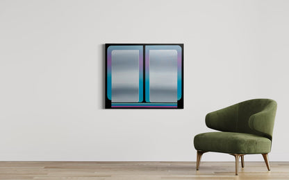 A vertical 30x36 original atmospheric abstract painting titled The View 5 by Kevin Cross, featuring a vibrant cyan and violet gradient with electric neon stripes at the base. The Work is displayed in a high-end minimalist interior on a white wall above a modern olive green velvet armchair, capturing a sophisticated metropolitan glow on Mitsooz.