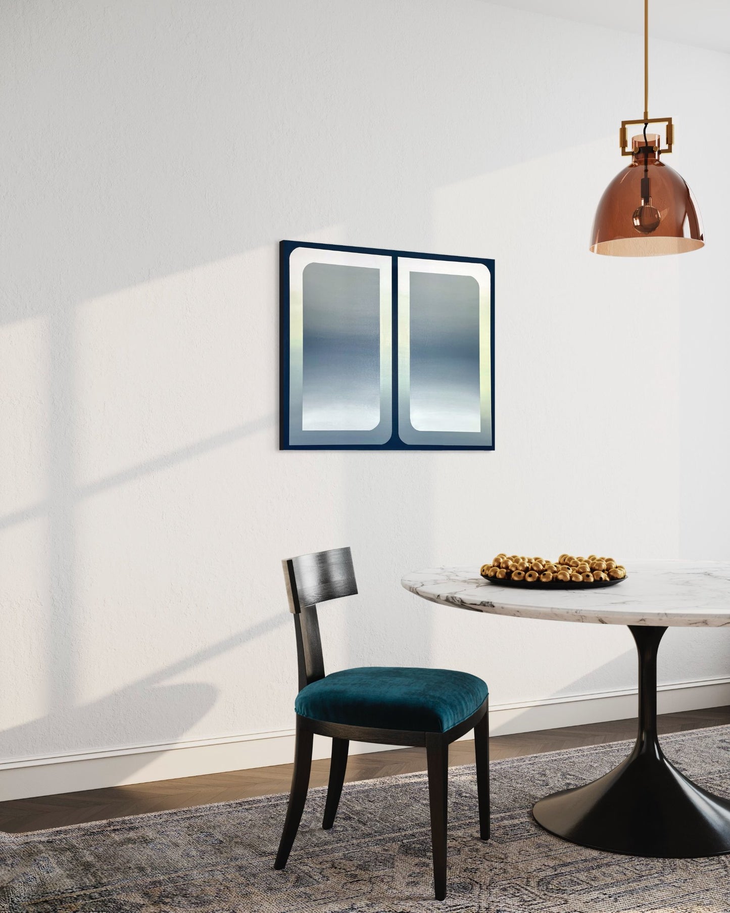 A 30x36 original atmospheric abstract painting titled The View by Kevin Cross displayed in a modern dining room featuring a marble tulip table and teal velvet chair on Mitsooz.