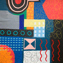A large square original abstract painting titled City State by Holly McWhorter, shown unstretched and lying flat on a light wood floor in a modern Copenhagen studio. The vibrant mixed media work features colorful geometric fields and black oil stick patterns on raw cotton canvas at Mitsooz.