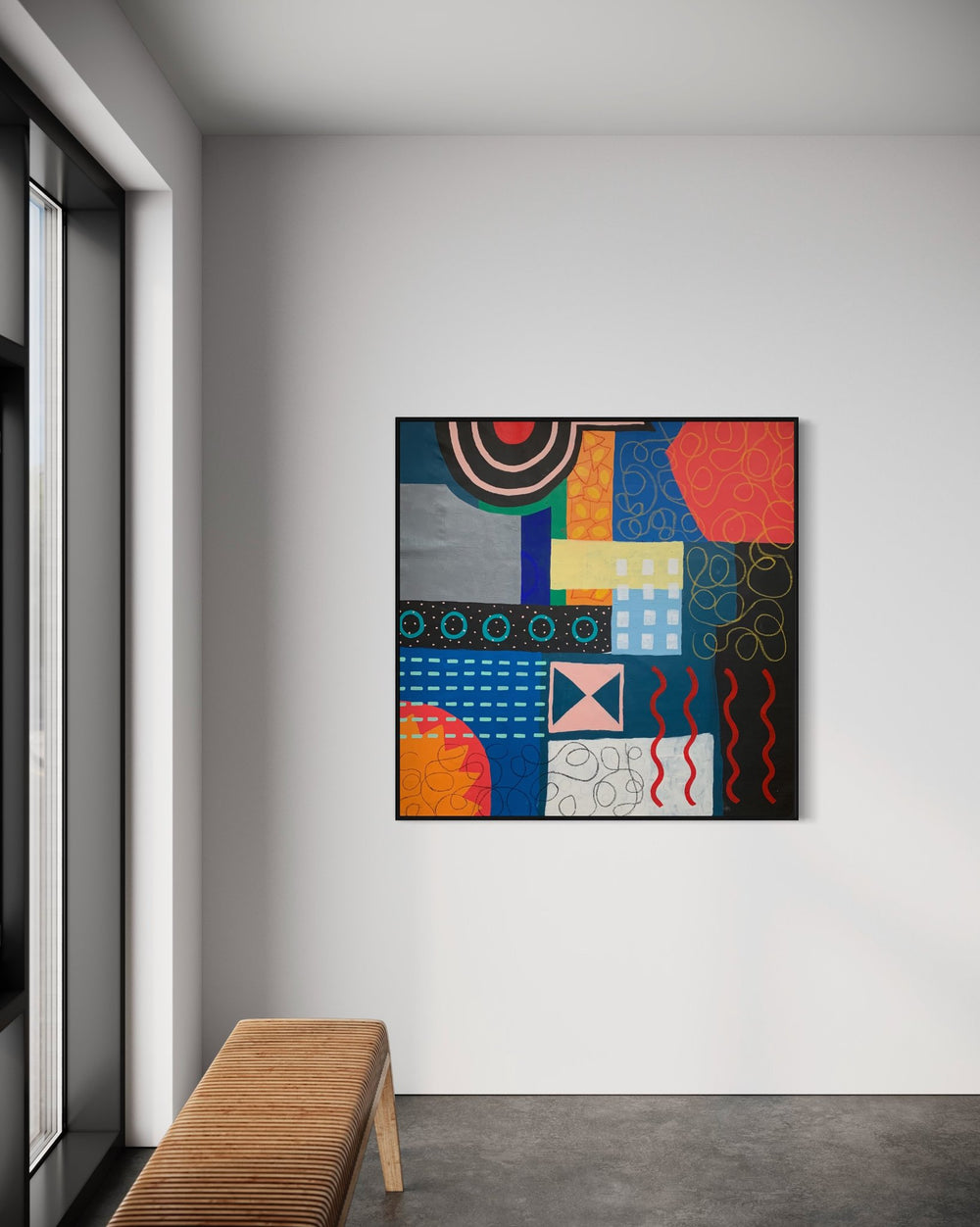 A large square original abstract painting titled City State by Holly McWhorter featuring vibrant geometric fields of red, blue, and yellow layered with black oil stick patterns. The artwork is displayed in a modern industrial gallery setting with a slatted wooden bench on Mitsooz.