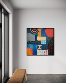 A large square original abstract painting titled City State by Holly McWhorter featuring vibrant geometric fields of red, blue, and yellow layered with black oil stick patterns. The artwork is displayed in a modern industrial gallery setting with a slatted wooden bench on Mitsooz.