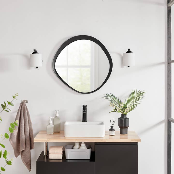 Sonya Asymmetrical Circle Wall Mirror – 24-Inch with Black Iron Frame